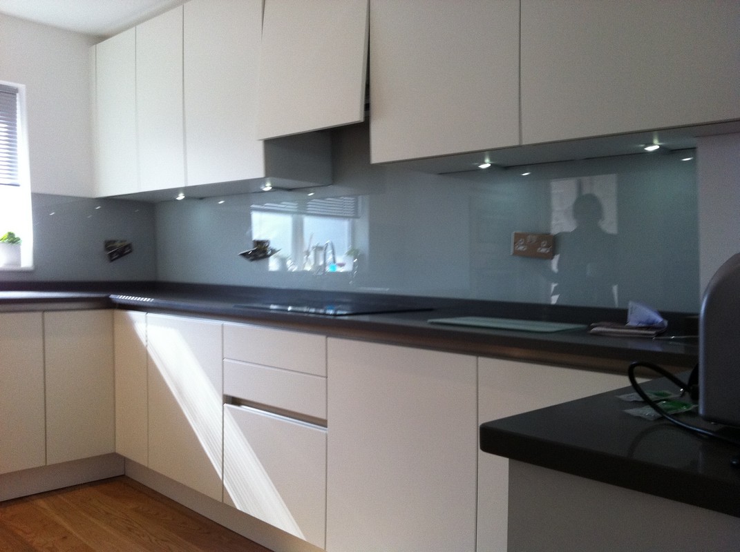 Grey glass kitchen splashback with LED lighting in Crystal Palace